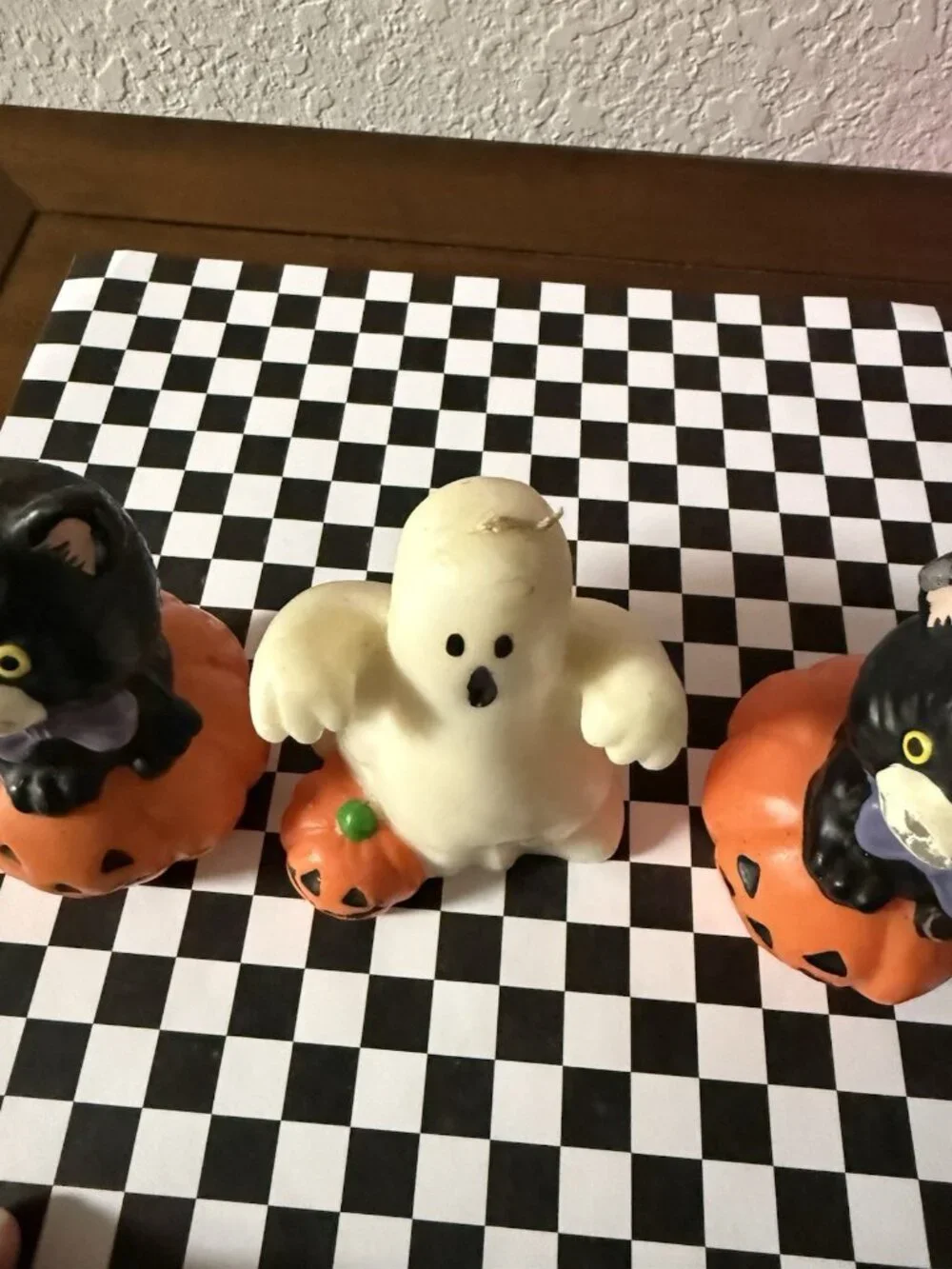3 Vintage Halloween Candles Black Cats In Pumpkin Ghost Retro Table Top Mantel